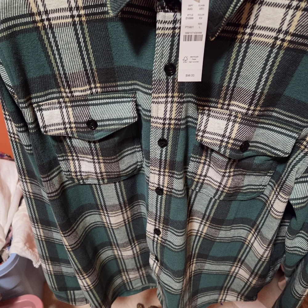 J.Crew Seaboard Soft-knit Flannel Button Shirt Green Plaid Size Largw New!